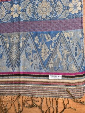 pashmina Blue Floral Jacquard Fringe Scarf with Pink and Gold Accents